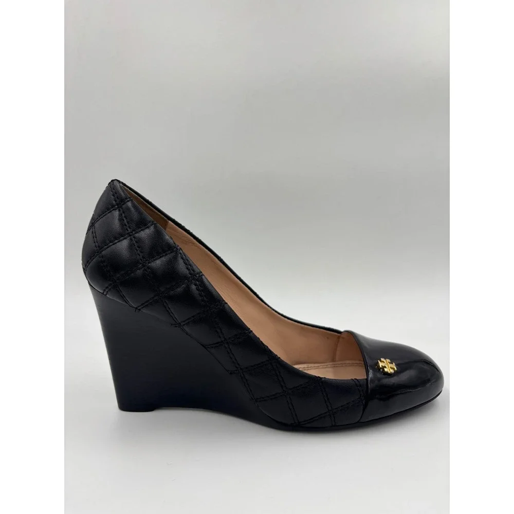 Tory Burch Claremont Black Quilted Leather Patent Cap Toe Wedge Pumps 7.5M